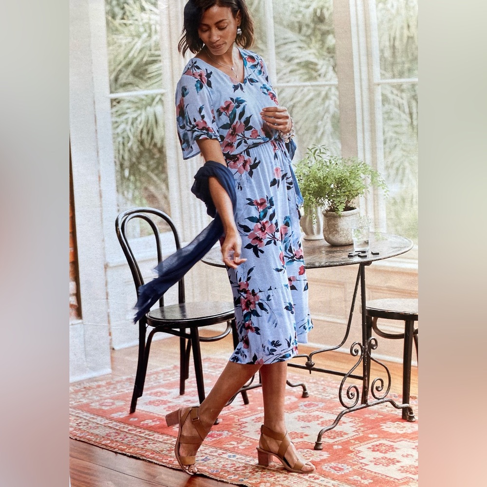 J. Jill Light Blue Floral Midi Dress with Pink and Green Blooms